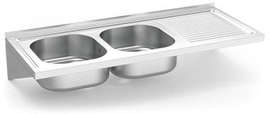 Stainless steel wall mounted sink unit with brackets 500 mm, 2 Tanks, right drai