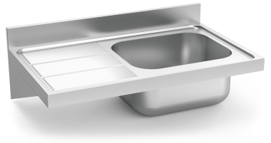 Stainless steel wall mounted sink unit with brackets 600 mm, 1 Tank, left drain