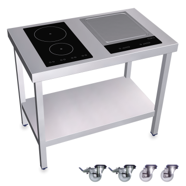 Cuisinière inox professionnelle induction 2 foyers + Teppan Yaki. Table inox cuisson induction.