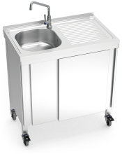 Automatic mobile sink with self-contained free standing system, cold water and right drain board