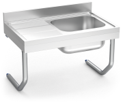 Wall mounted sink unit in stainless steel with tubular support 600 series, 1 tank, left drain-board