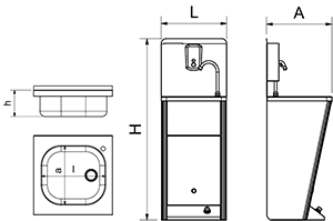 Handwaschbecken aus Edelstahl + Aufkantung + Seifenspender aus Edelstahl