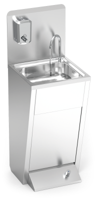 SS hand washbasin. Foot operated. Mixed hot and cold water. With backsplash and soap dispenser.