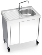 Automatic mobile sink with self-contained free standing system, cold water and left drain board