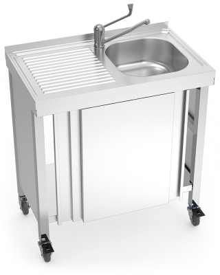 Automatic mobile sink with self-contained free standing system, hot and cold water and left drain bo