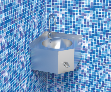Eck Handwaschbecken aus Edelstahl mit Kniebedienung