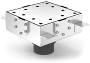 Floor drain for slot channel with vertical outlet convertible to horizontal, 200x200 mm.