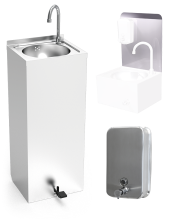 Mobile hand washbasin system serie XS-E + backsplash + Stainless steel soap dispenser
