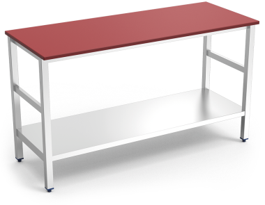 Table de boucher dessus polyéthylène rouge et étagère basse