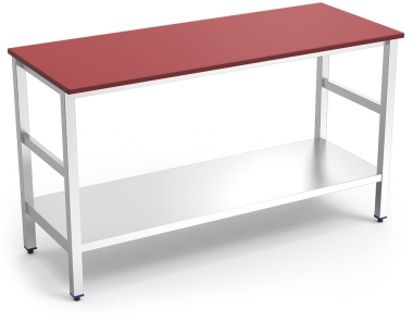 Mesa central com prateleira bancada de polietileno vermelho