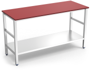 Centre table with red polyethylene worktop and shelf